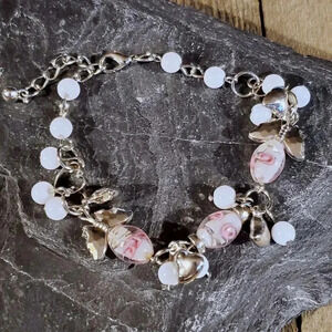 Vintage Murano Glass Beads White Silver Charm Bracelet Style E